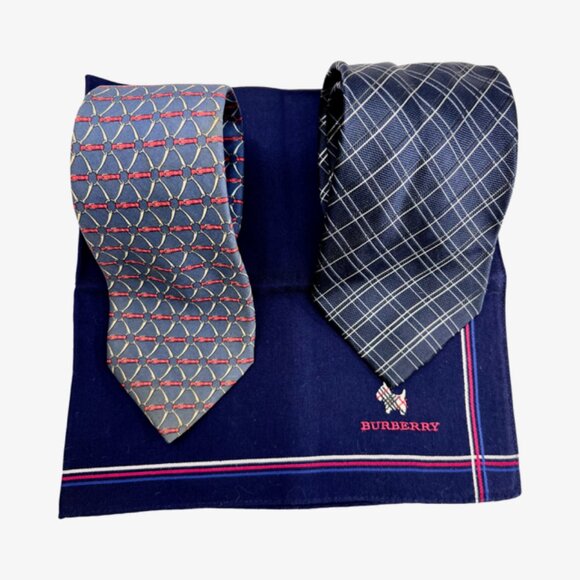 Set 2 Neckties: Hermès Geometric &  Mario Valentino +1 Burberry Handkerchief(51) - Picture 1 of 16